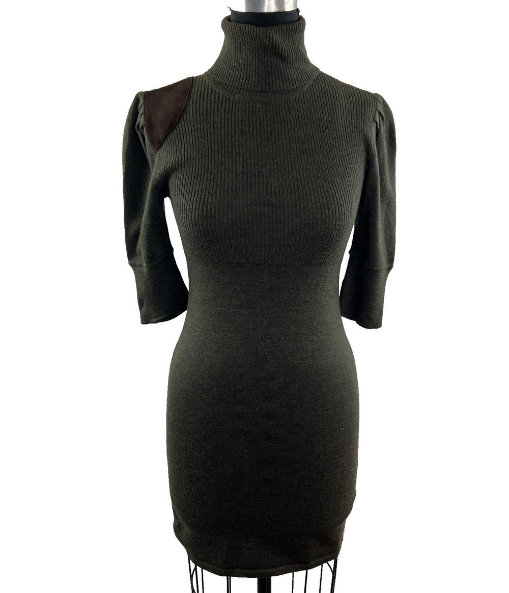 RUGBY Ralph Lauren Green Sweater Dress Suede Merino Wool Turtle Neck Sz Small S